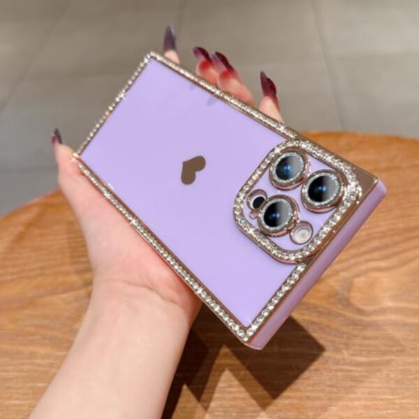 Capa TPU de strass brilhante compatível com iPhone 15 Pro Max - borda de glitter galvanizada com design de coração capa retangular protetora de 6,7 polegadas - roxo