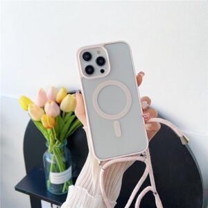 Capa transparente com cordão transversal para iPhone 16, 15 Pro Max, 14 e 13, com cordão magnético e capa para carregamento sem fio, rosa, para iPhone 16 Plus