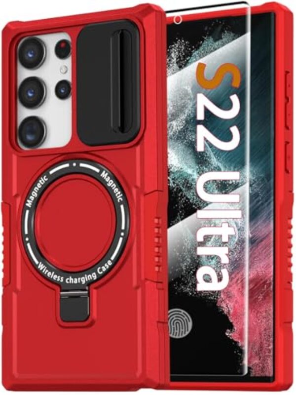 Capa ultra magnética para Samsung Galaxy S22 com suporte de anel [compatível com MagSafe] [protetor de tela] [proteção de nível militar] Capa resistente à prova de choque com capa de câmera deslizante