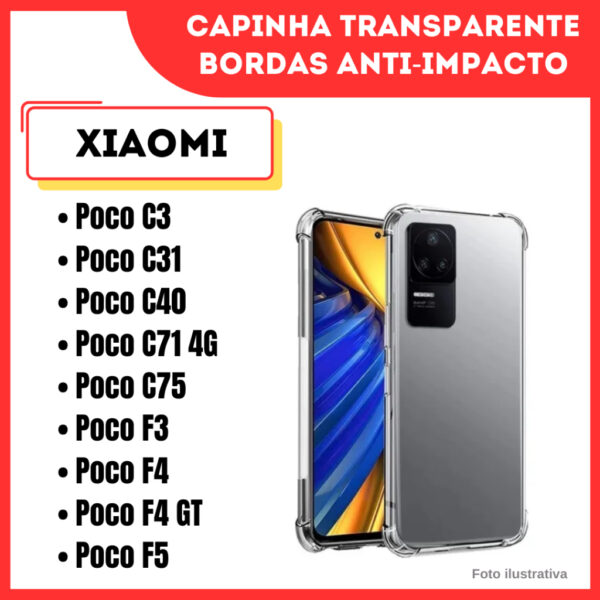 Capinha Transparente Anti Impacto Xiaomi Poco C3 / C31 / C40 / C71 4G / C75 / POCO F3 / Poco F4 / F4 GT / Poco F5 / CF09