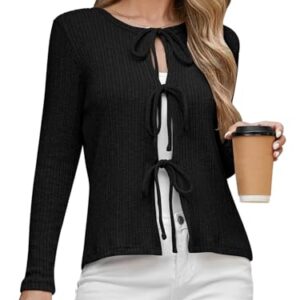 Cardigã feminino de manga comprida com laço canelado curto curto leve e moderno, Preto, GG