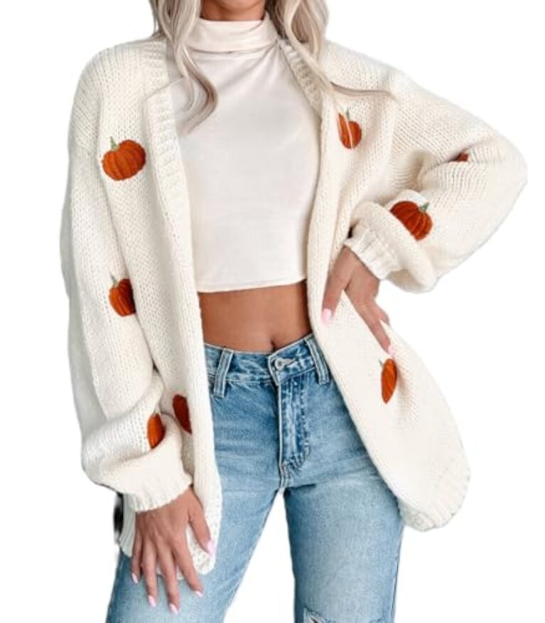 Cardigã feminino de manga comprida, suéter de malha de abóbora fofo, roupas de Halloween (branco, P)