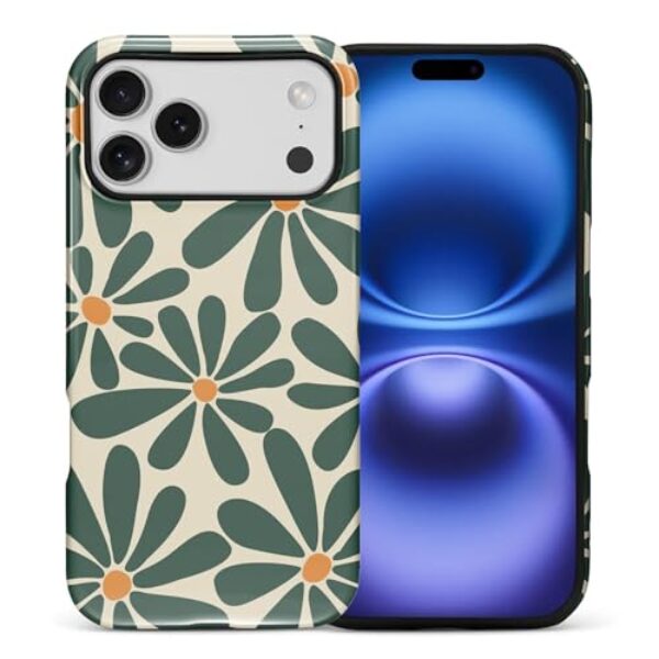 CARLOCA Capa para iPhone 17 Pro Max, verde retrô abstrato design floral híbrido proteção dupla TPU macio PC rígido à prova de choque anti-arranhões capa protetora masculina feminina elegante capa