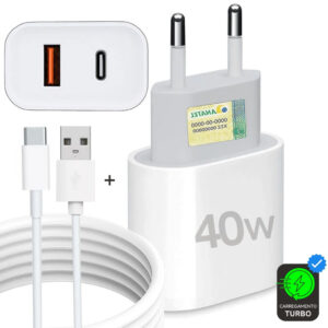Carregador Tipo C 40W Super Turbo Fonte 2 Entradas USB e USB-C + Cabo Usb-C Rápido Samsung, Motorola, Xiaomi, Notebooks