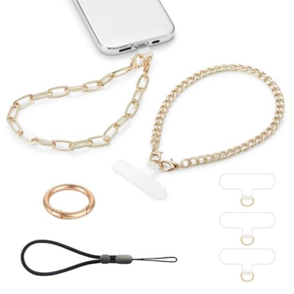Casecond 2 peças de berloques de telefone com corrente de metal dourada destacável cordão de telefone alça de mão para smartphone alça ajustável para telefone com 3 adesivos universal para iPhone 15