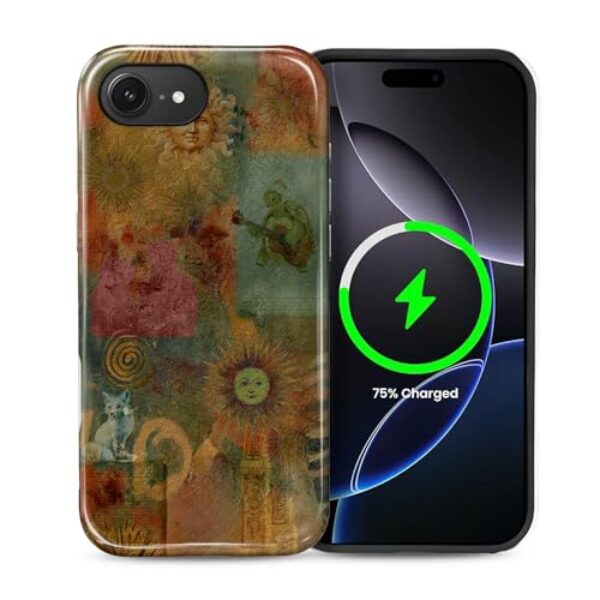 casesok Capa para iPhone 16e, compatível com MagSafe, capa rígida de camada dupla + capa de silicone, proteção total à prova de choque para iPhone 16e-Retro 80s Sun Turtle Fox Collage