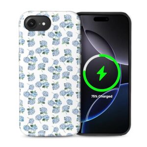 casesok Capa para iPhone 16e, compatível com MagSafe, capa rígida de camada dupla + capa de silicone, proteção total à prova de choque, capa para iPhone 16e-azul hortênsia floral