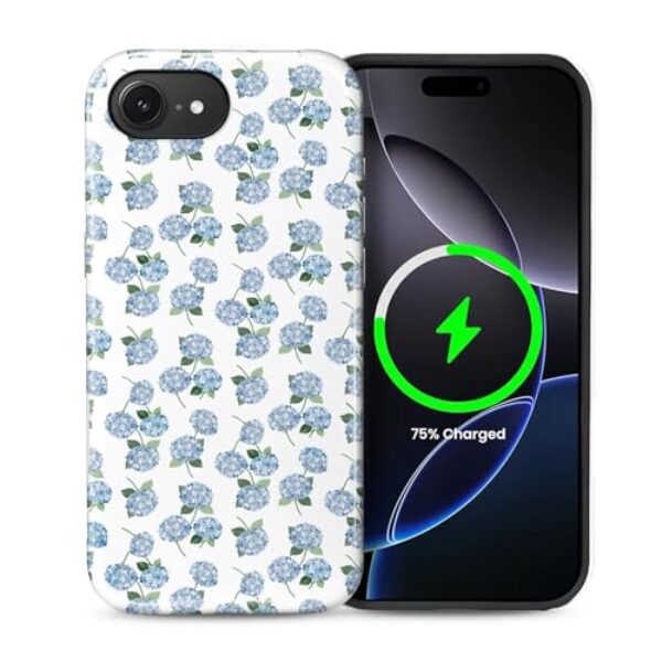 casesok Capa para iPhone 16e, compatível com MagSafe, capa rígida de camada dupla + capa de silicone, proteção total à prova de choque, capa para iPhone 16e-azul hortênsia floral