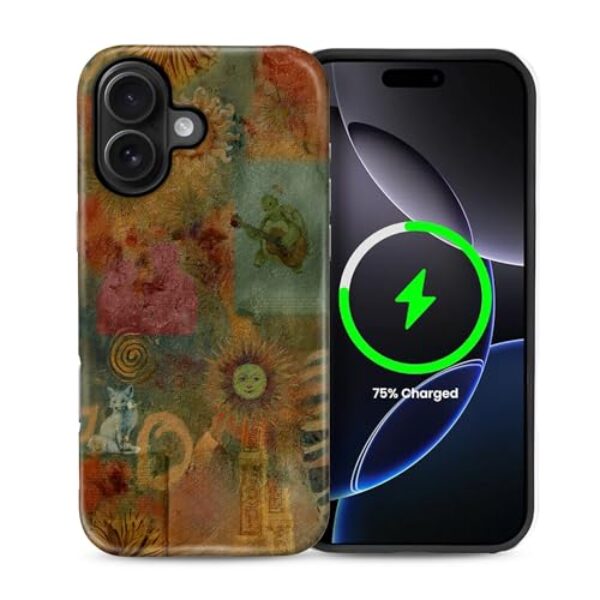 casesok Capa para iPhone 16 Plus, compatível com MagSafe, capa rígida de camada dupla + capa de silicone, proteção total à prova de choque para iPhone 16 Plus - colagem retrô dos anos 80 sol tartaruga