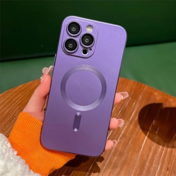 Casos de proteção de lente sem fio caso de telefone de carga para iPhone 15 14 13 12 11 Pro Max Macio Magnético Matte Bumper Capa, Roxo, para iPhone 15