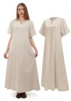 Cdecgo Vestido Renascentista Feminino Manga Curta Medieval Linho Túnica Vestidos Camponeses Fantasia com Bolsos, Branco, GG