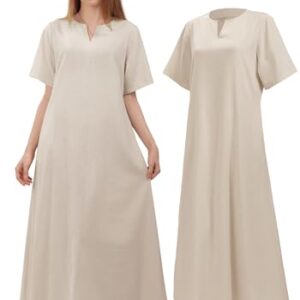 Cdecgo Vestido Renascentista Feminino Manga Curta Medieval Linho Túnica Vestidos Camponeses Fantasia com Bolsos, Branco, GG