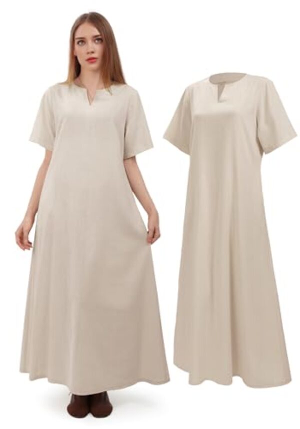 Cdecgo Vestido Renascentista Feminino Manga Curta Medieval Linho Túnica Vestidos Camponeses Fantasia com Bolsos, Branco, GG