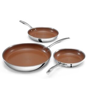 CERAMAX Conjunto de frigideiras antiaderentes híbridas de aço inoxidável de 3 peças, conjunto de frigideiras de cerâmica de 8,10,12 cm, pronto para indução, feito sem PFAS e PFOA, seguro para forno e
