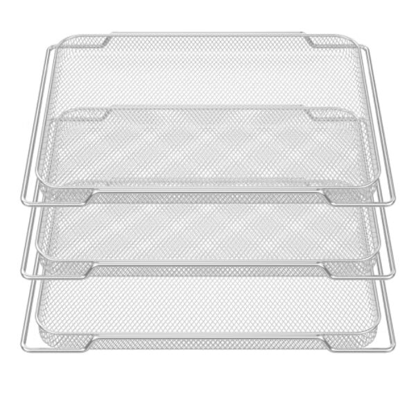 Cesta de fritadeira a ar com 3 peças com alça para forno, portátil, aquecimento uniforme multiuso cesta de fritadeira a ar de 37,2 x 27,6 cm, ferro com cromagem, bandeja e conjunto de frigideiras para