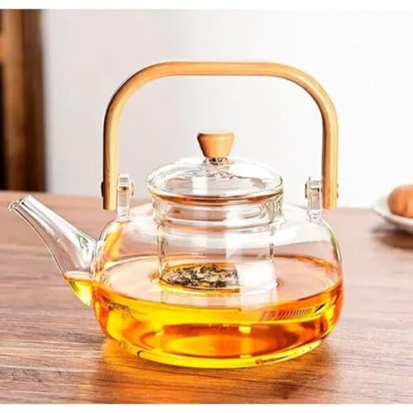 Chaleira de Vidro 1 Litro Tampa de Bambu Premium Borossilicato Com Alça de Bambu Chaleira de Vidro com Infusor de Chá Elegância e Praticidade para Sua Cozinha