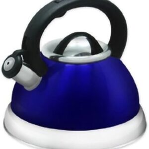 Chaleira Premium Clássica para Fogão, Dourada e Azul, Aço Inox com Apito, 3 Litros, Base Dupla Compatível com Indução, 22,5 x 21,5 cm (Azul)