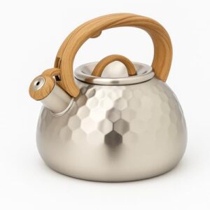 Chaleira Premium de Aço Inox com Apito 3 Litros QHS Design Diamante – Cabo de Silicone Efeito Bambu Antitérmico – Compatível com Fogão a Gás, Indução e Elétrico – Elegância e Segurança na Cozinha