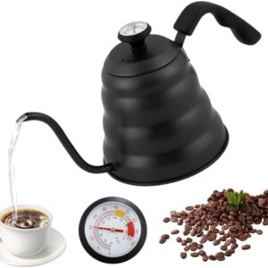 Chaleira Preta Bico de Ganso com Termômetro Barista para Café Coado Pour Over, Bule Inox Profissional Gooseneck 1,2 Litros