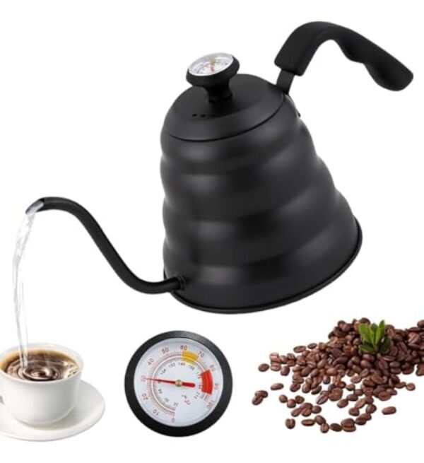 Chaleira Preta Bico de Ganso com Termômetro Barista para Café Coado Pour Over, Bule Inox Profissional Gooseneck 1,2 Litros