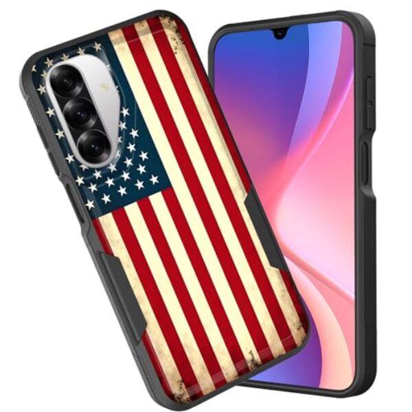 CICPLKSE Capa para Galaxy A17 5G, camada dupla, híbrida, à prova de choque, rígida, policarbonato macio, TPU, capa protetora para Samsung Galaxy A17 5G 6,7 polegadas 2025, bandeira americana retrô