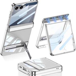 Clatoxi Capa transparente para Samsung Galaxy Z Flip 7 com suporte e proteção magnética para dobradiça e protetor de tela, capa rígida à prova de choque de policarbonato transparente fina para Samsung