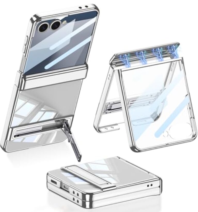 Clatoxi Capa transparente para Samsung Galaxy Z Flip 7 com suporte e proteção magnética para dobradiça e protetor de tela, capa rígida à prova de choque de policarbonato transparente fina para Samsung