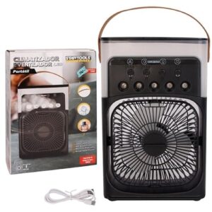 Climatizador e Ventilador Portátil com Umidificador e LED – 3 Velocidades, Silencioso, Tanque de 500ml, Econômico 10W, Compacto e Fácil de Transportar – Preto