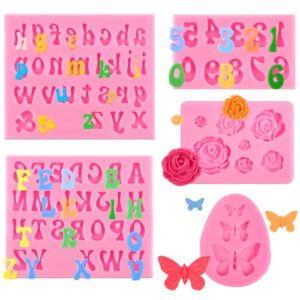CLUEWR Moldes de letras de silicone para chocolate, 5 peças, alfabeto, moldes de chocolate, borboleta, rosa, fondant, para doces, decoração de bolos de morango, cupcake, decoração de argila, resina