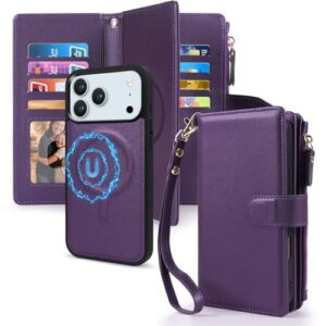 CMIDUS Capa magnética para iPhone 17 Pro, carteira compatível com suporte de cartão com bloqueio de RFID Magsafe, capa de telefone destacável, alça de pressão, bolso com zíper, couro PU de 6,3