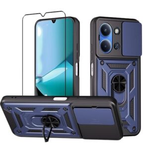 CNPUTAO Capa para Xiaomi Redmi 15C / Poco C85 com protetor de tela de vidro temperado, janela deslizante para câmera, suporte, capa de telefone de camada dupla antiarranhões à prova de choque, azul