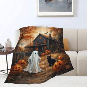 Cobertor de Halloween, cobertor de gato preto fantasma de outono, cobertores de abóbora de flanela para homens, meninos, mulheres, amantes de adultos, roupa de cama macia, presente para sofá-cama