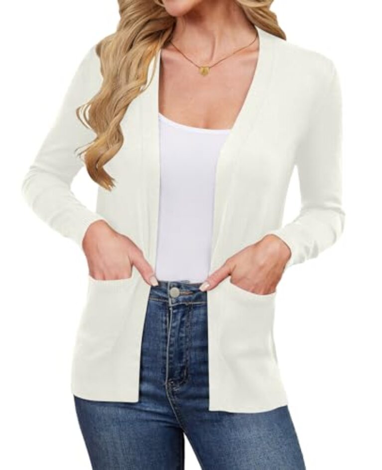 Colormagic Cardigã feminino, suéter de malha de manga comprida, leve, aberto na frente, com bolsos, Branco, Large