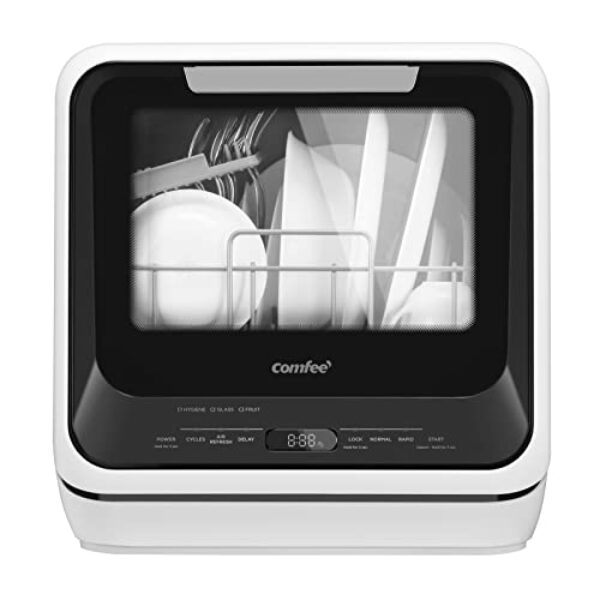 COMFEE' Mini bancada portátil para lava-louças com tanque de água embutido de 5L para apartamentos e trailers, sem necessidade de conexão, 6 programas, spray duplo de 360°, alta temperatura de 72 °C e