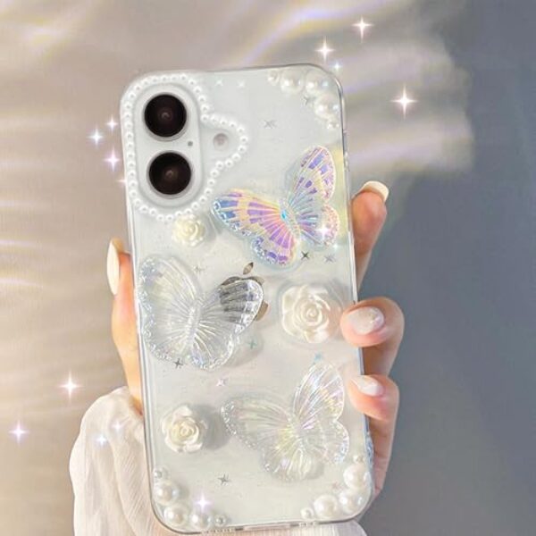 Compatível com iPhone 16 Plus linda borboleta floral design transparente com estética feminina glitter bonita brilhante capa protetora