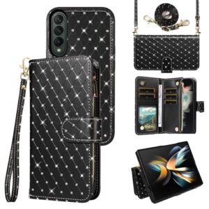 Compatível com Samsung Galaxy Z Fold 4 5G 2022 capa carteira com zíper celular alça transversal com glitter flip porta-cartão slot capa de telefone para ZFold4 Z4 Fold4 ZFold 4Z ZFold45G feminino