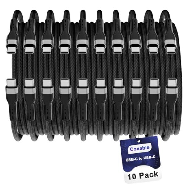 Conable Cabo USB tipo C (2 pés, pacote com 10), cabo de carregamento rápido USB-C para USB C, compatível com iPhone 17 Air 16 15 Plus Pro Max, iPad Pro, Galaxy S25 S24 S23, CarPlay, LG e mais