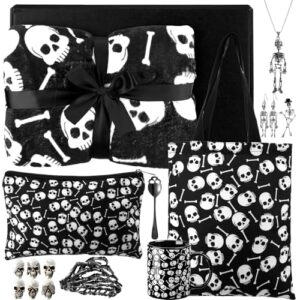 Conelist Conjunto de 16 peças de esqueleto para mulheres, cobertor de esqueleto, caneca, colar, bolsa de maquiagem, coisas de bruxa, lembrancinhas assustadoras, presente de aniversário e feriado para