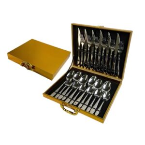 Conjunto 24 Peças Talheres Inox com Maleta Dourada – Aço Inoxidável, Acabamento Polido, Resistente à Corrosão, Ideal para Mesa Posta e Presentes