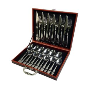 Conjunto 24 Peças Talheres Inox com Maleta Marrom – Aço Inoxidável, Acabamento Espelhado, Resistente à Corrosão