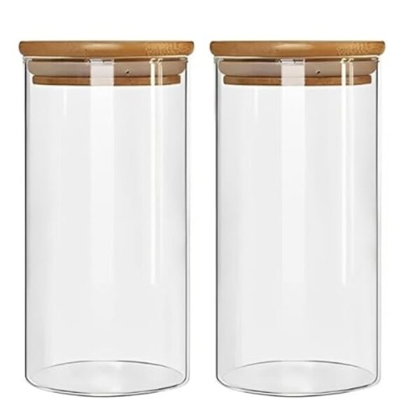 Conjunto 3 Potes Herméticos Com 1000ml De Vidro Redondo Tampa De Bambu Mantimento Tempero Alimento (Kit 2 Unidades)
