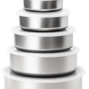 Conjunto 5 Bowl Tigela De Inox 200 a 1300ml Saladeira Vasilha Com Tampa