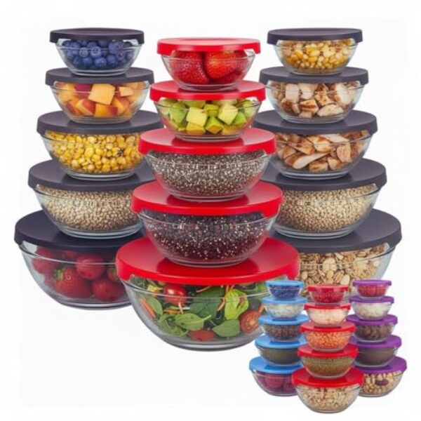 Conjunto com 5 Potes de Vidro com Tampa – Vasilhas de Cozinha para Armazenar Alimentos, Marmitas, Micro-ondas, Freezer e Geladeira – Cores Sortidos