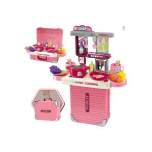 Conjunto Cozinha Infantil Multifuncional, Plástico, Rosa Verde e Branca, com Pia Geladeira Fogão, 77x44x17cm, Utensílios e Alimentos em Miniatura, para Crianças 3+ Anos