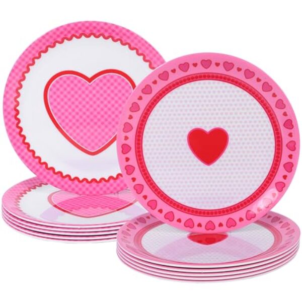 Conjunto de 12 peças de pratos de jantar de melamina com corações do amor, pratos rosa inquebráveis de 25 cm para casamentos, dia dos namorados e aniversários, conjunto de utensílios de mesa leves e