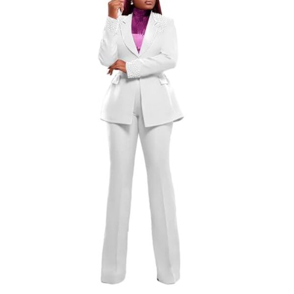 Conjunto de 2 peças para mulheres, blazers perolados casuais e calças largas para trabalho semiformais, Branco, XGG