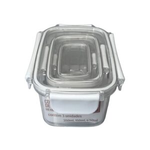 Conjunto de 3 Potes Herméticos Retangulares, Transparente e Branco, Polipropileno, Capacidades 50ml/150ml/350ml, Sistema de Vedação com Travas, Empilháveis, para Armazenamento de Alimentos