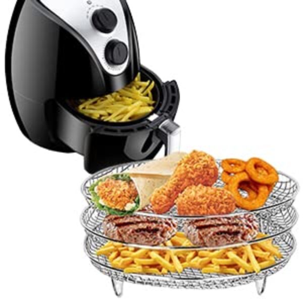 Conjunto de 3 prateleiras empilháveis de fritadeira a ar de 21 x 14 cm, prateleira de desidratação retangular para frutas secas, carnes assadas, vegetais (19,8 x 19,8 cm, redondo, 3 conjuntos)