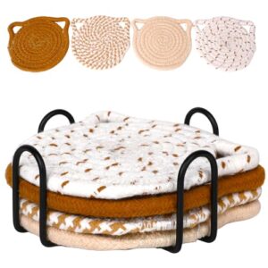 Conjunto de 4 porta-copos fofos para bebidas, almofadas quentes feitas à mão de Natal, porta-copos trançados para gatos, decoração de gato de algodão, formato de orelhas, porta-copos antiderrapante