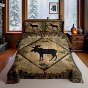 Conjunto de edredom com estampa de alce de fazenda, estilo rústico, silhueta de animal selvagem, pinhas, folhas verdes, conjunto de edredom com 2 fronhas, tamanho casal, 3 peças